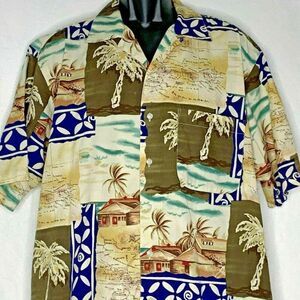 Vintage Nautica Hawaiian Camp Shirt L Tan Brown Palm Trees Bahamas